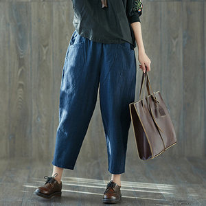 Văn học retro bông và vải lanh chín quần phụ nữ lỏng lẻo kích thước lớn là mỏng hoang dã đàn hồi eo linen casual wide leg harem quần