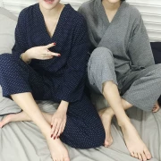 Mùa thu mới giản dị Nhật Bản sóng dài tay + quần tây áo choàng tắm nam và nữ dịch vụ nhà bộ đồ ngủ