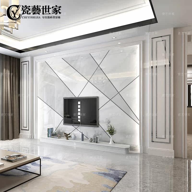 Light luxury TV background wall ceramic tile microcrystalline marble living room modern simple modeling frame decoration 3D geometry