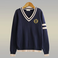 Трендовый лонгслив, свитер подходит для мужчин и женщин, форма для школьников для влюбленных, парная одежда, в корейском стиле, в британском стиле, с вышивкой, V-образный вырез