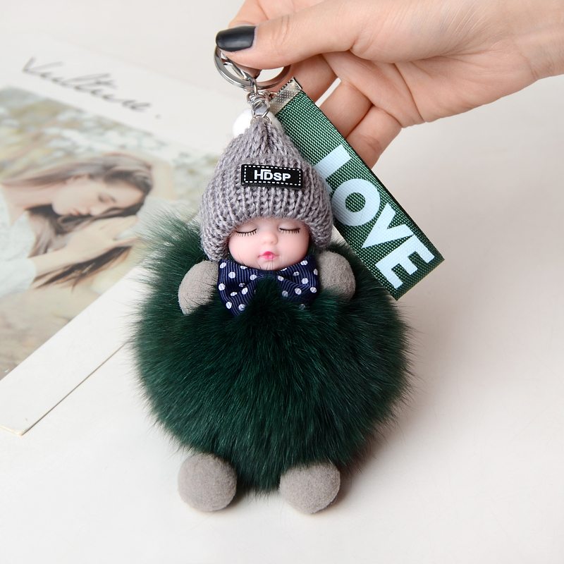 Blackish Greenlovely sleep doll Bag Pendant knapsack Hanging decoration Real hair Fox  Hairball automobile Key buckle Plush doll