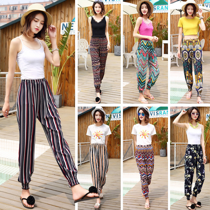 Xia Bo Xi Mei bên bờ biển kỳ nghỉ cotton lụa bãi biển quần nữ quần nhân tạo cotton quần harem lụa chín điểm cây ra hoa