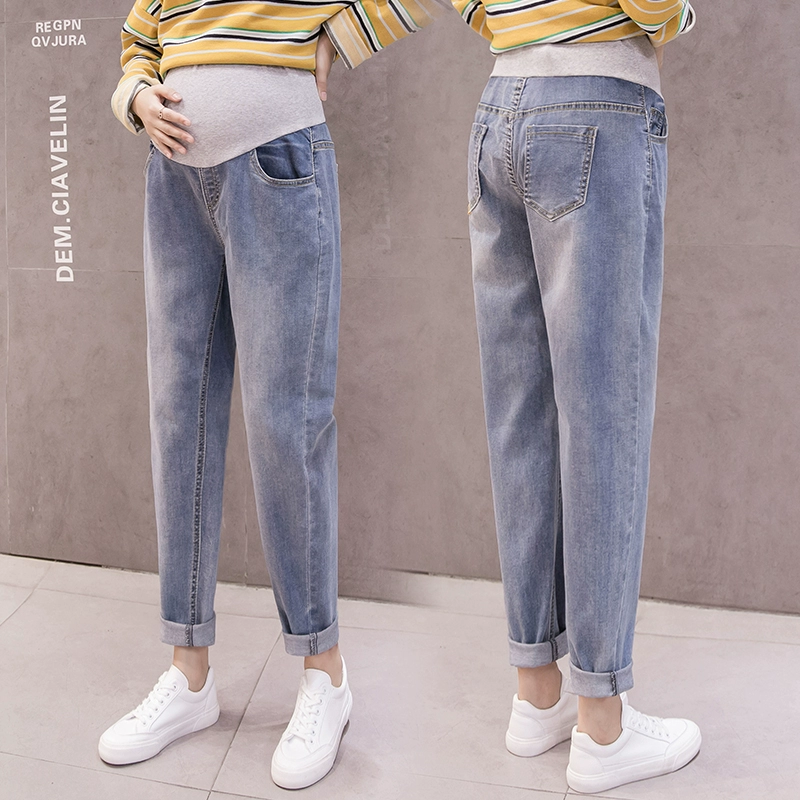 Quần jean dành cho bà bầu Loose Straight Cro crop Quần Quần mùa thu Quần Quần Thu / Đông Hỗ trợ Quần dài - Phụ nữ mang thai quần / quần bụng