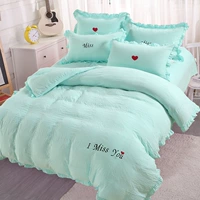 Giường bốn bộ khăn trải giường màu đỏ cotton cotton cotton giặt bông đai ren mùa hè Hàn Quốc chăn ngủ màu nude - Bộ đồ giường bốn mảnh bộ chăn ga gối đệm cute