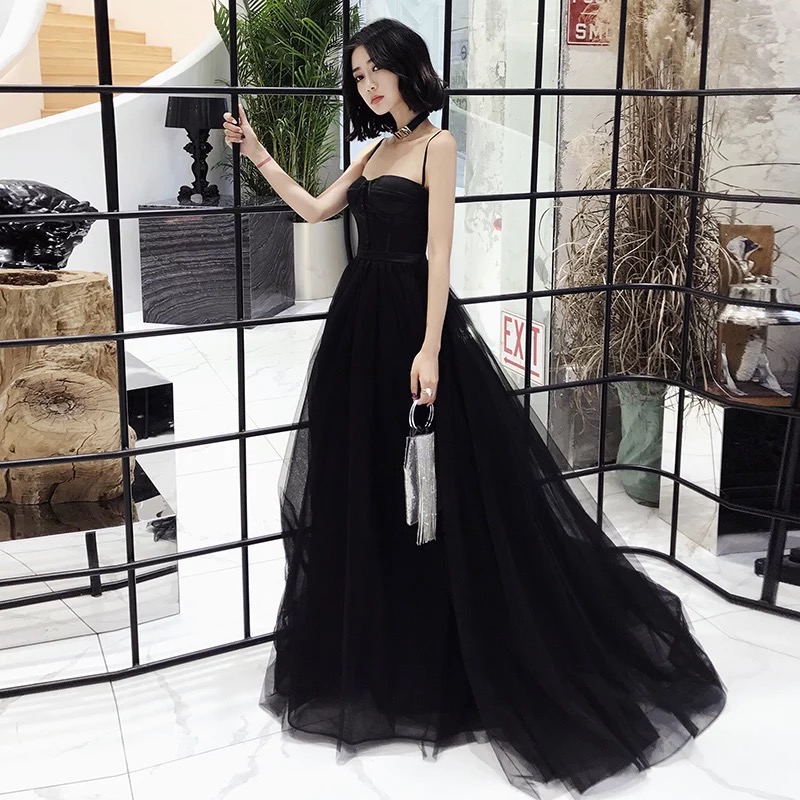 Black evening dress, 2021 collection, fitted, lifting effect