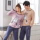 Cặp đôi đồ ngủ cotton nữ dài tay mùa xuân thu đông nam phim hoạt hình Hàn Quốc tươi và lỏng lẻo phục vụ nhà hai mảnh - Bộ Pajama