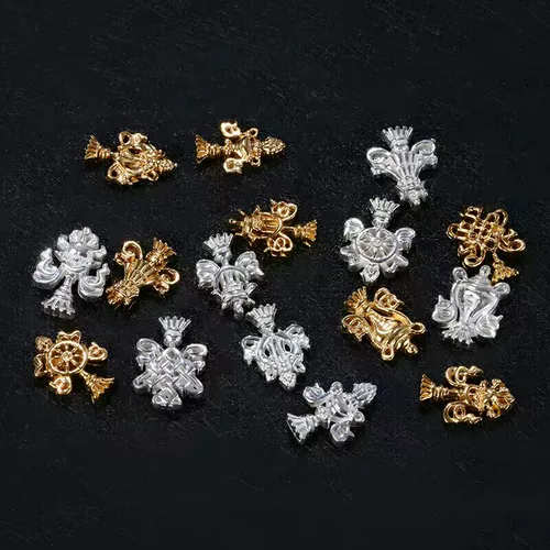 S999 Стерлинговое серебро восемь благоприятные украшения, покрытые 24K Золотые восемь сокровищ для манзы Тибетская статуя статуя Бутылки