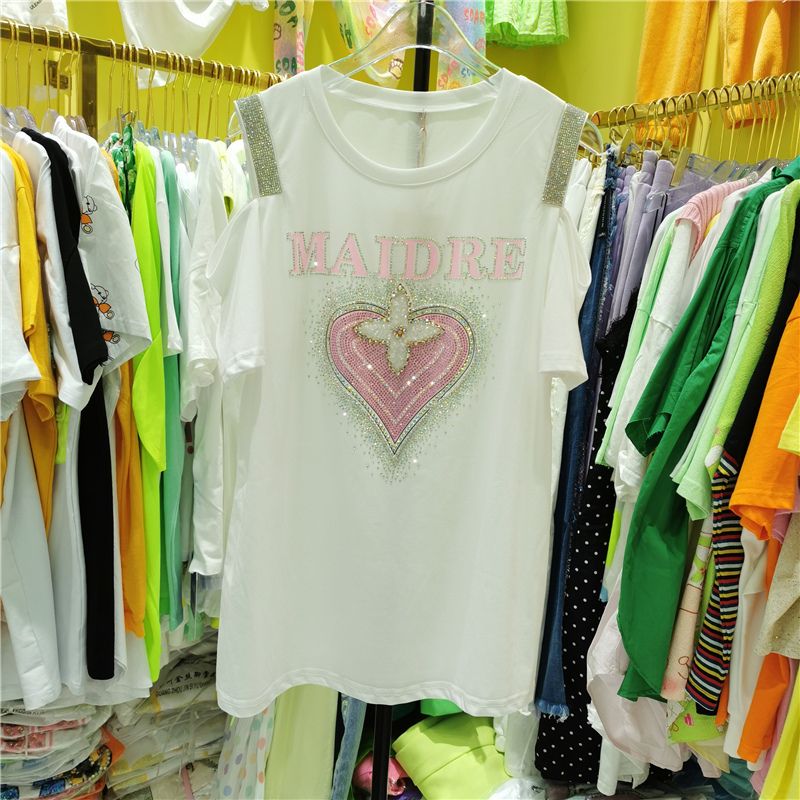 Pink2021 summer new pattern Sense of design love Hot drilling Short sleeve T-shirt female Age reduction easy white Cotton coat female tide 6831