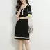 Đầu mùa thu mới của phụ nữ tính khí Hàn Quốc sọc đen và trắng mỏng giảm béo Một từ váy màu ngắn tay đan đầm đầm xòe trễ vai voan A-Line Váy