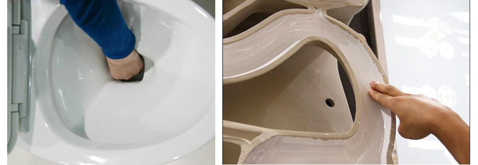 想要检查它的釉面,可将手伸进马桶排污口,摸返水湾是否有釉面,釉面