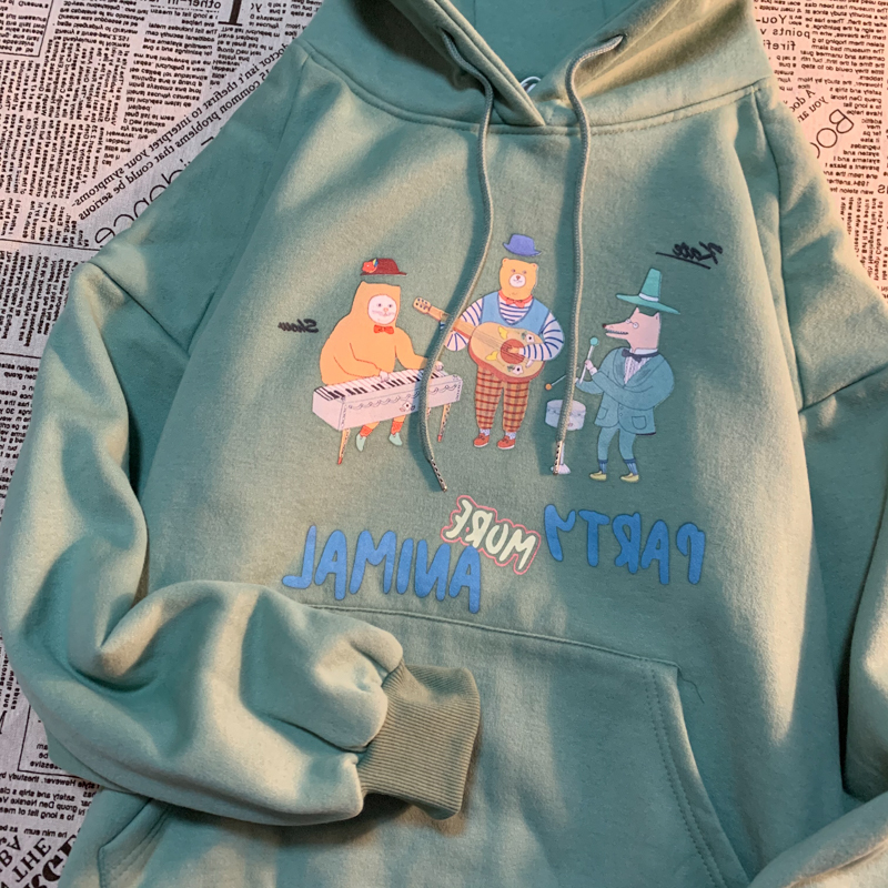 Bean GreenSense of antiquity lovely Cartoon Hooded Sweater female Autumn and winter easy bf Lazy wind Plush jacket student loose coat tide