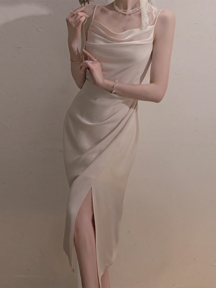 Vanilla Cream,From one camisole Dress French 2021 summer new pattern Straight shoulder Advanced sense Minority Satin skirt female summer