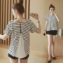 Thai sản váy mùa hè phù hợp với Hàn Quốc phiên bản của thủy triều mẹ bông sọc áo sơ mi quần short dạ dày nâng hai bộ phù hợp với thai sản mùa hè mẫu áo bầu công sở