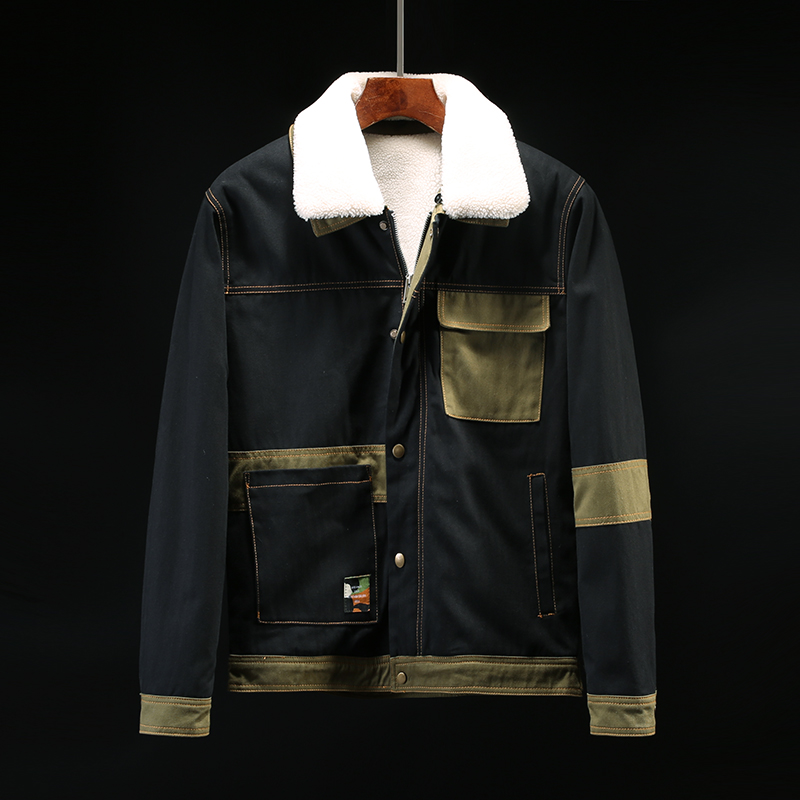 Áo khoác len nam mùa đông bằng len lông cừu cộng với áo khoác nhung cotton dày, áo khoác lửng retro nam ấm áp 9668 - Trang phục Couple