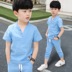Quần áo trẻ em cậu bé mùa hè phù hợp với 2018 trẻ em mới của mùa hè trẻ em quần áo trẻ em lớn bông và vải lanh ngắn tay áo hai mảnh Hàn Quốc phiên bản Phù hợp với trẻ em