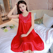 Mùa hè băng lụa đồ ngủ không tay nightdress ladies rắn màu sling sexy ren lụa phần mỏng dịch vụ nhà nữ