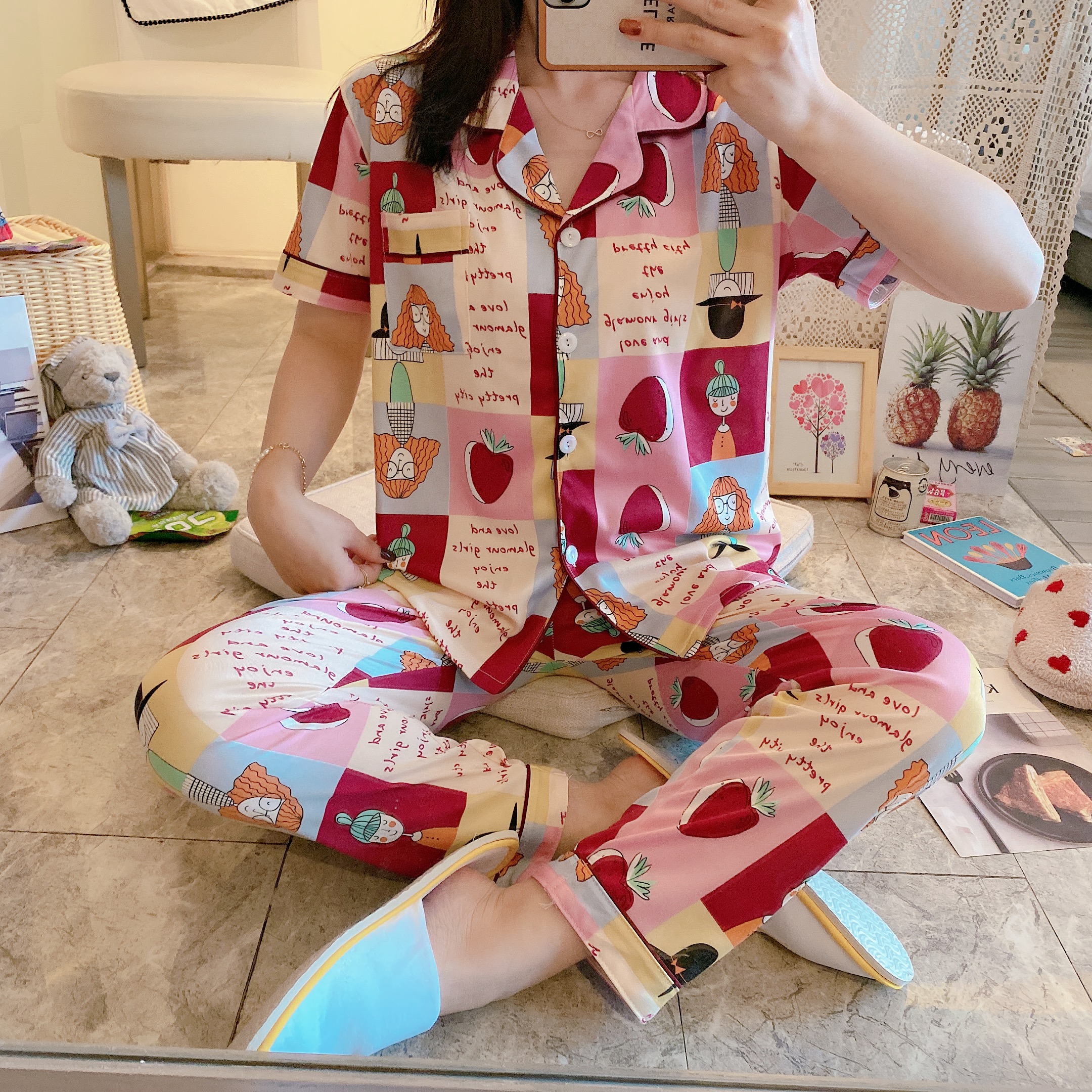 Japanese Strawberry GirlKorean version Cartoon Short sleeve trousers pure cotton pajamas female Summer and Autumn day student lovely Cardigan leisure time Home suit