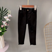 Girls Holes Jeans 2019 Mùa thu cho trẻ em Slim Stretch Black Pencil Quần Girls Baby Baby Quần Quần Holes - Quần jean
