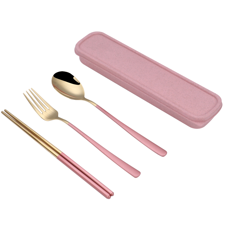 Powder Gold Three Piece Set304 stainless steel Portable tableware suit chopsticks Portable Three piece set Fork Spoon chopsticks tableware customized logo