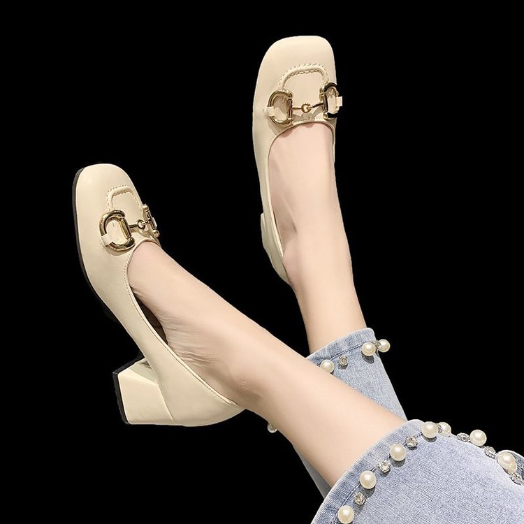 Off White (5Cm Heel)Horsebit  high-heeled shoes female 2021 new pattern French Mary Jane Women's Shoes Retro Thick heel Sandals Female heel Single shoes