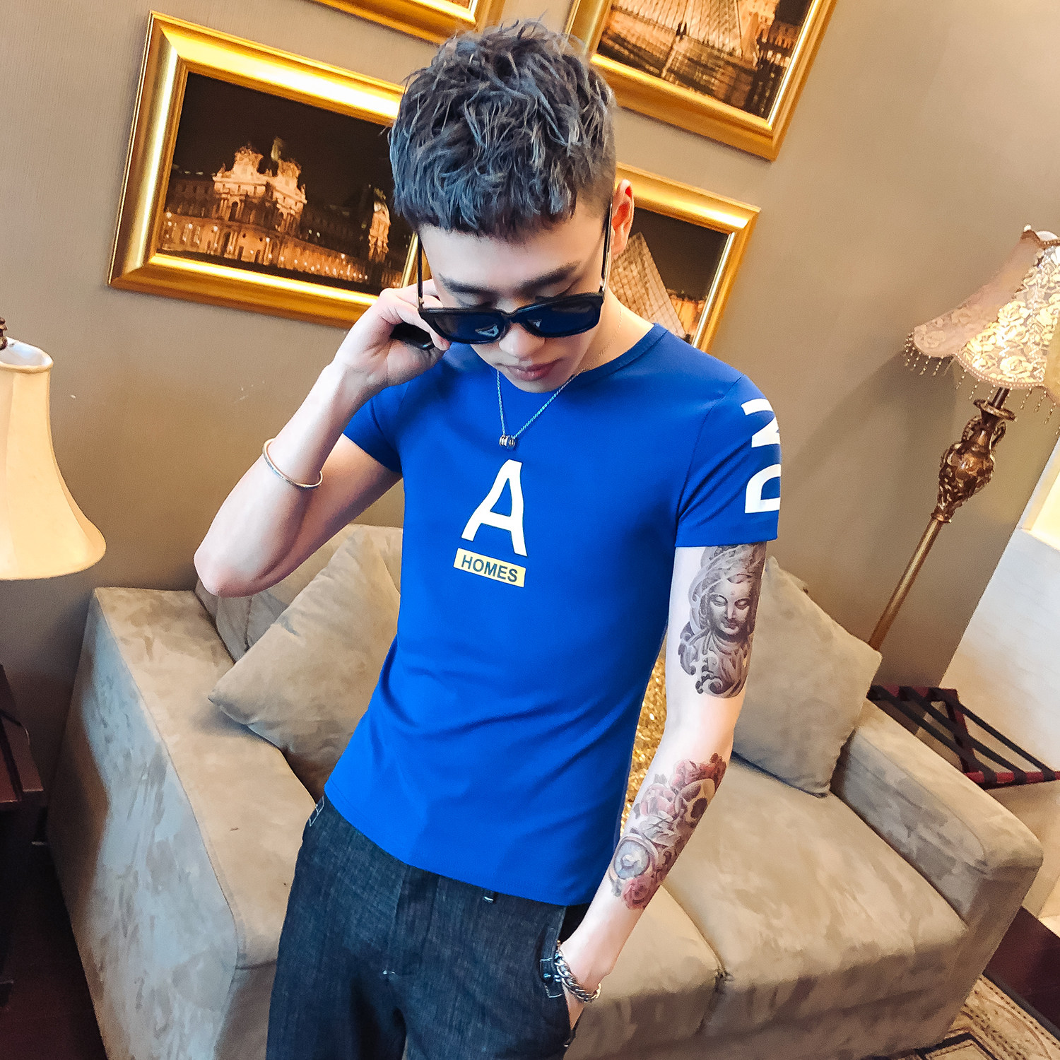 社会精神小伙韩版修身半袖网红同款帅气潮男t恤116--p27