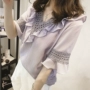 Mùa hè mới kích thước lớn của phụ nữ Hàn Quốc tính khí ren hollow khâu V-Cổ xù ngắn tay voan áo sơ mi hàng đầu áo sơ mi voan