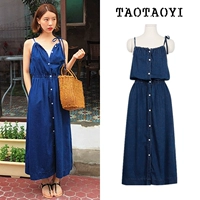 Mùa hè Hàn Quốc chic retro quây ngọt dây đai eo denim váy đơn ngực kỳ nghỉ dây đeo váy 	váy cắt eo	