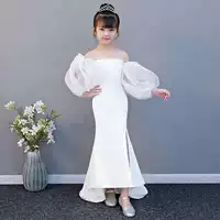 2018 mới trắng cá tính tay áo dài catwalk buổi tối trẻ em ăn mặc thời trang mỏng chia trang phục váy trẻ em đẹp