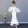 2018 mới trắng cá tính tay áo dài catwalk buổi tối trẻ em ăn mặc thời trang mỏng chia trang phục váy trẻ em đẹp
