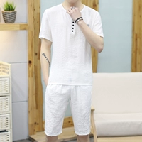 Nam mùa hè cotton linen siêu mỏng ngắn tay quần short t-shirt phong cách Trung Quốc mùa hè thoáng khí phù hợp với hai mảnh phù hợp với đồ bộ thun