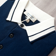 Mỹ phong cách đô thị đan đơn giản màu xanh và trắng màu sắc tương phản ve áo đan ngắn tay áo polo T076