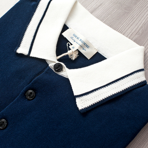 Mỹ phong cách đô thị đan đơn giản màu xanh và trắng màu sắc tương phản ve áo đan ngắn tay áo polo T076 áo thun nam có cổ