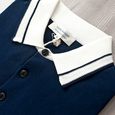 Mỹ phong cách đô thị đan đơn giản màu xanh và trắng màu sắc tương phản ve áo đan ngắn tay áo polo T076 áo thun nam có cổ Polo