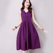 Váy liền thân không tay màu cotton và vải lanh phiên bản Hàn Quốc của váy dài rộng mảnh mỏng váy đáy 2019 hè mới size lớn quần áo nữ - Váy dài