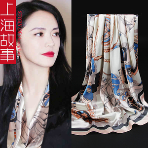 上海故事丝巾女薄款春秋百搭中年妈妈围巾四方方巾90x90cm礼盒装