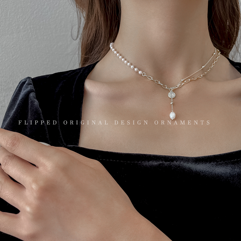 Silver Asymmetric Freshwater Pearl Portrait Coin Necklace