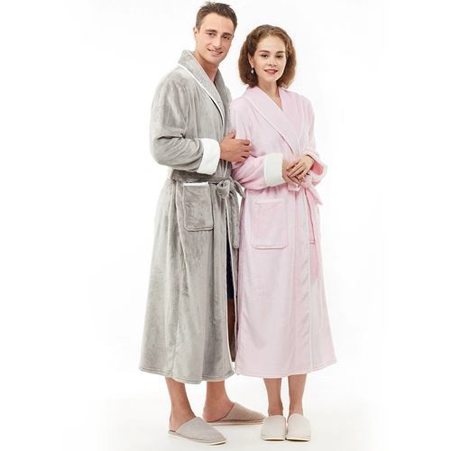 Демисезонный длинный банный халат, фланелевая коралловая бархатная удерживающая тепло пижама, для влюбленных, длина макси, увеличенная толщина, большой размер