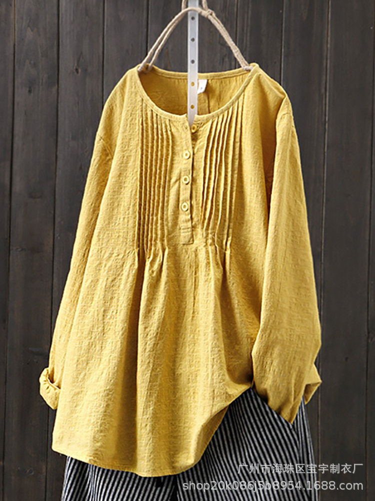 YellowEuropean style fashion shirt female autumn Cotton and hemp new pattern Best Sellers Solid color Versatile Long sleeve shirt