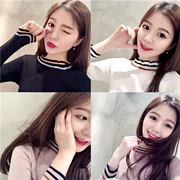 Retro Hàn Quốc chic màu tương phản sọc cổ áo ren đáy áo sơ mi mỏng phần dài tay áo thun áo len