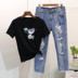 Trạm châu âu 2018 mùa xuân mới đính cườm sequins chim ngắn tay t-shirt + lỗ bảy điểm jeans phù hợp với nữ thủy triều Mùa xuân