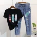 Châu âu trạm 2018 mùa xuân mới đính cườm sequins giày nhỏ ngắn tay T-Shirt + lỗ bảy điểm jeans phù hợp với nữ thủy triều áo kiểu voan Mùa xuân