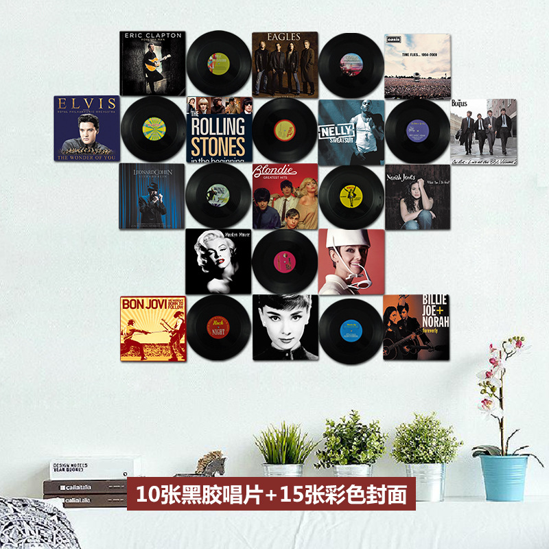 10 Records + 15 PostersVinyl record poster Wall decoration loft Industrial wind Retro shop bar cafe personality background Wall decoration