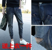 Mùa thu mới quần jeans nam tay nhanh tay đỏ Zhang Shiyi với đoạn quần jeans cá tính giản dị