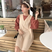 Phụ nữ mùa thu 2018 mới giả váy hai dây học sinh Hàn Quốc phiên bản hoang dã khâu mỏng tay áo phồng