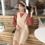 Phụ nữ mùa thu 2018 mới giả váy hai dây học sinh Hàn Quốc phiên bản hoang dã khâu mỏng tay áo phồng váy len mùa đông