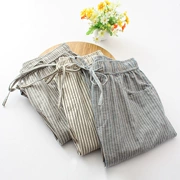 Bông và vải lanh chín quần phụ nữ lỏng lẻo lanh bông mùa hè mới sọc chân quần âu đàn hồi eo Hàn Quốc phiên bản của quần harem