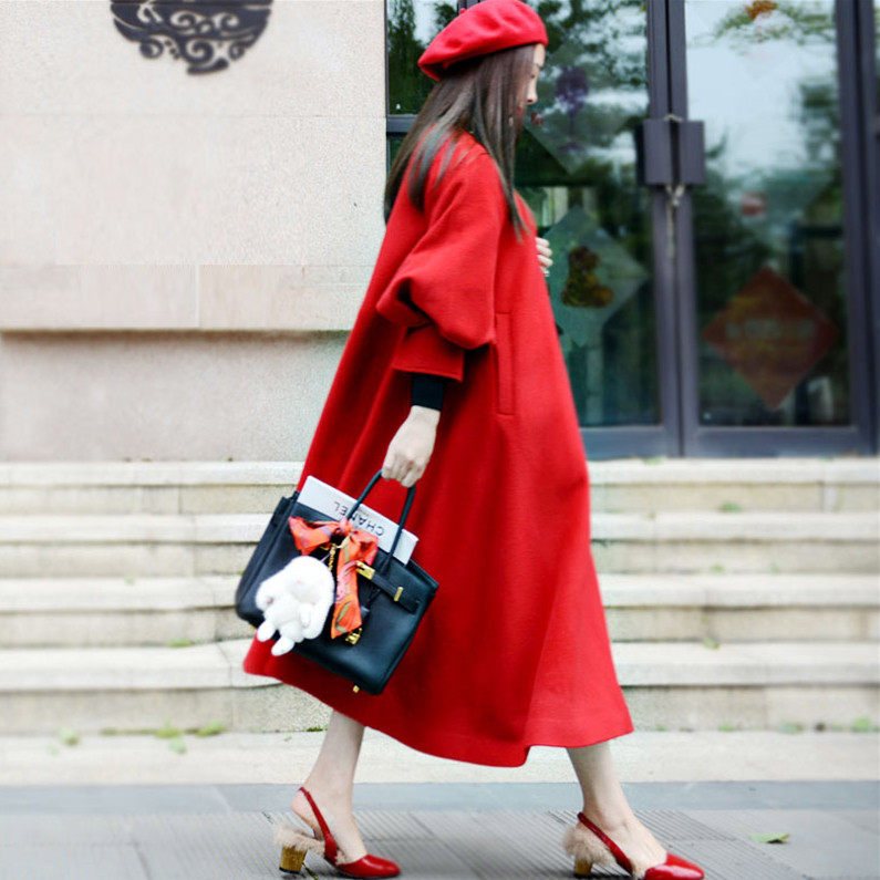 2018 mùa thu và mùa đông retro red cape coat đèn lồng tay áo lỏng áo len trong đoạn dài áo choàng nữ mùa thu và mùa đông phụ nữ