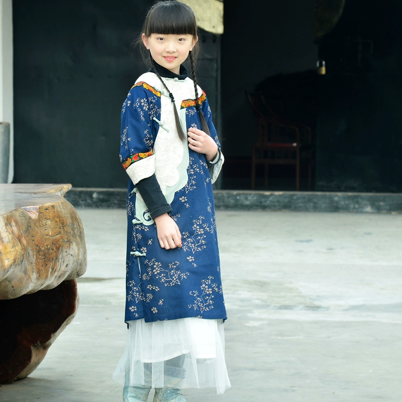 Dan Feng Trung Quốc Cô gái cải tiến Mùa xuân và Mùa thu Mô hình Bông vải lanh Vải lưới Sườn xám Trang phục phụ huynh-trẻ em Áo choàng dân tộc Retro - Trang phục dành cho cha mẹ và con