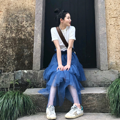 cmmmlll蛋糕裙半身裙2018春新款女仙女网纱雪纺蓝色长裙子纱裙夏