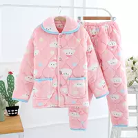 Mùa đông dày cộng với nhung cộng với đồ ngủ cotton ba lớp cotton phụ nữ có thể mặc bên ngoài vào mùa đông đồ bộ thun lạnh